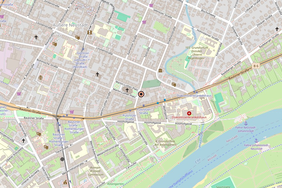Karte der Umgebung von Pulsnitzer Straße 6 in Dresden-Neustadt